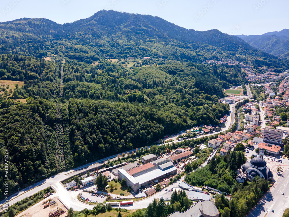 Aerial view of Center of the town of Smolyan, Bulgaria