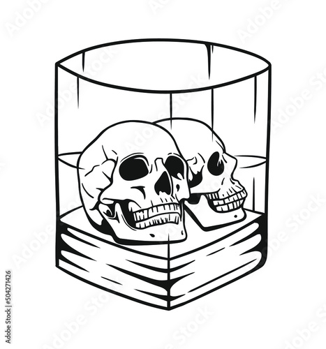 Two human head skulls inside whiskey glass vector line art illustration