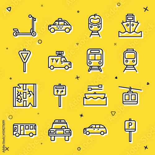 Set line Parking, Cable car, Train and railway, TV News, Road traffic signpost, Scooter and icon. Vector