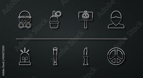Set line Gas mask, Flasher siren, Vandal, Military knife, Police rubber baton, Hand grenade, Peace and icon. Vector