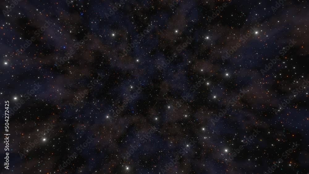 Space night sky with twinkling stars, galaxy exploration through outer space towards glowing milky way galaxy. Animation of looking through glowing nebula, clouds and stars field. Space view. 4k