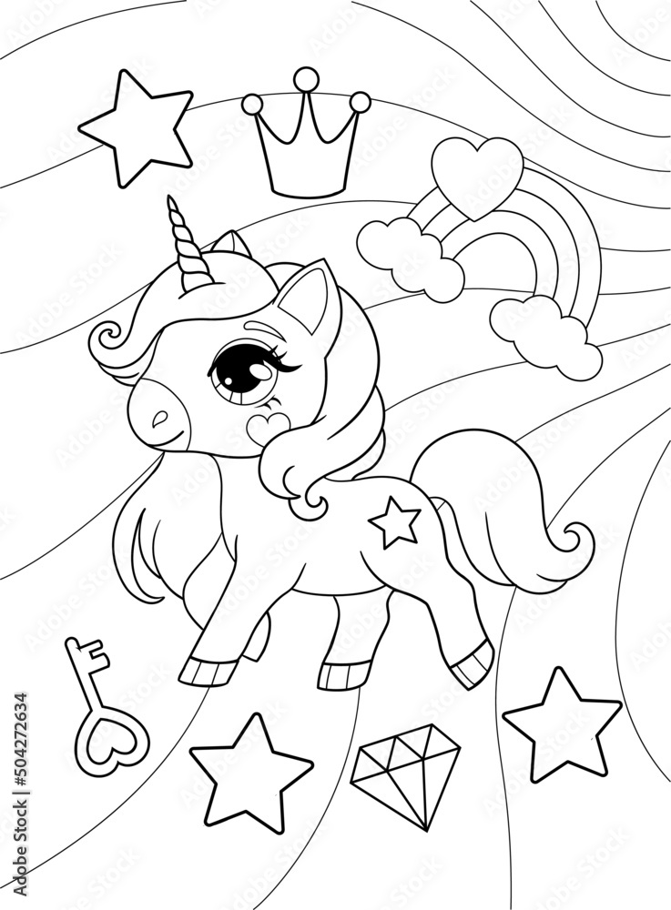 Unicorn with key, diamond and rainbow. Vector outline for coloring page ...