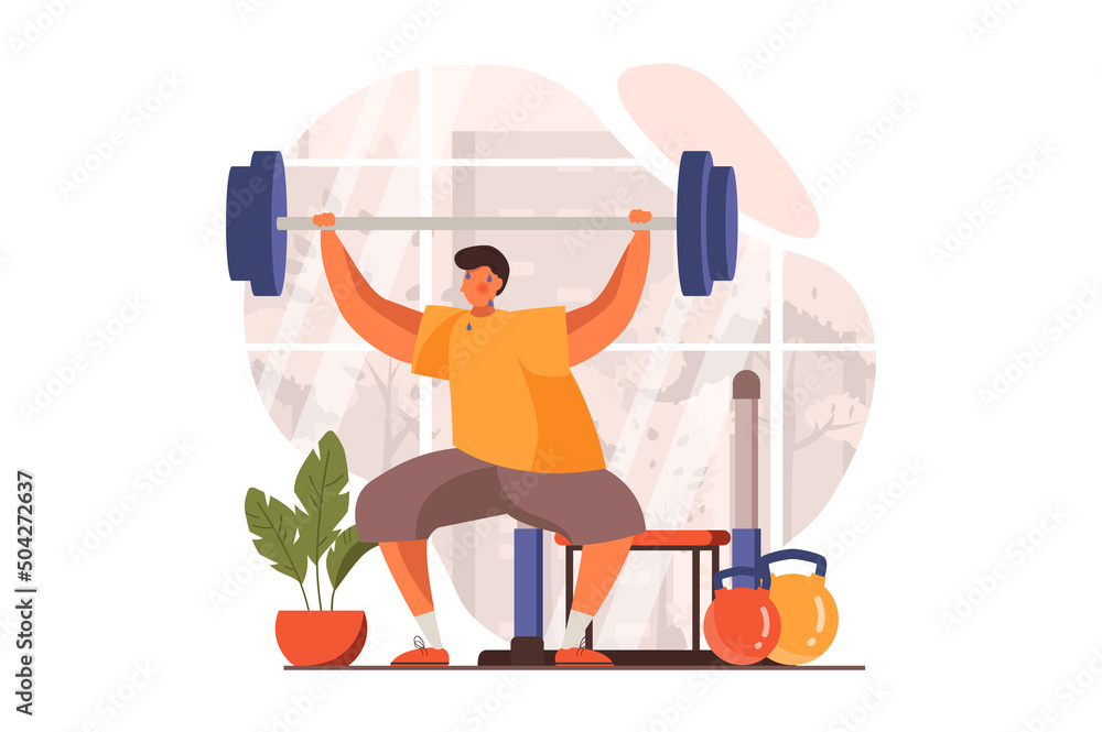 Fitness web concept in flat design. Man does strength exercises with barbell in gym and other equipment. Athlete is engaged in bodybuilding and weightlifting. Vector illustration with people scene - obrazy, fototapety, plakaty 