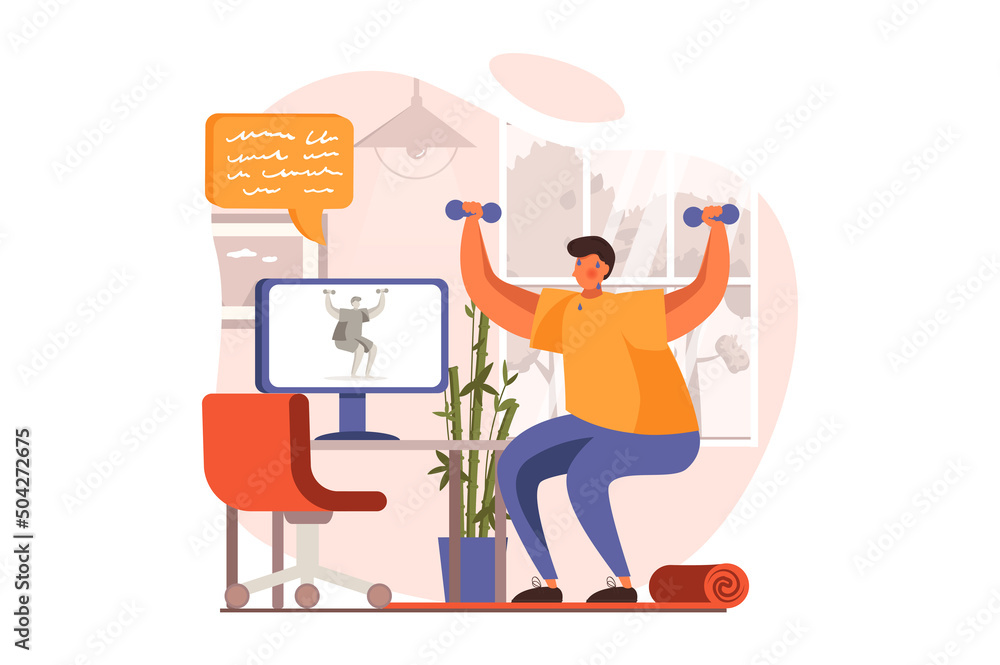 Fitness web concept in flat design. Man in sports uniform does strength exercises with dumbbell and exercising with video lesson. Sportswoman training at home. Vector illustration with people scene - obrazy, fototapety, plakaty 