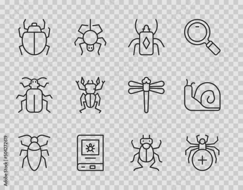 Set line Cockroach, Spider, Beetle bug, Book about insect, Mite, deer, and Snail icon. Vector