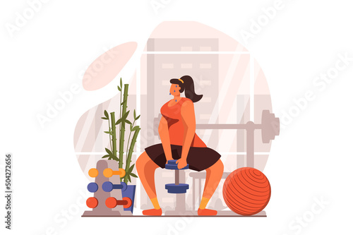 Fitness web concept in flat design. Woman does strength exercises with dumbbell in gym and other equipment. athlete is engaged in bodybuilding and weightlifting. Vector illustration with people scene