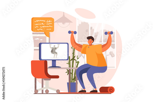 Fitness web concept in flat design. Man in sports uniform does strength exercises with dumbbell and exercising with video lesson. Sportswoman training at home. Vector illustration with people scene