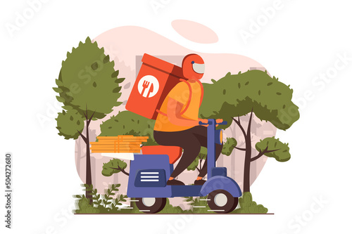 Food delivery web concept in flat design. Courier rides motorbike and delivers bag of groceries from store and order of food in boxes. Fast parcel shipping. Vector illustration with people scene