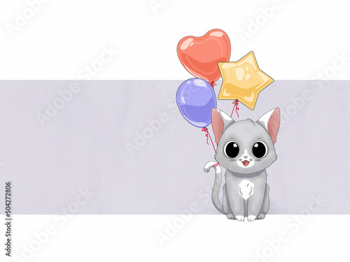 Mały kotek i baloniki. Ręcznie rysowana ilustracja na plakaty, pocztówki, zaproszenia lub kartki urodzinowe. photo