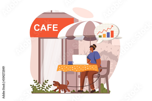 Freelance working web concept in flat design. Woman sitting at table in cafe, making marketing research or financial report. Remote worker doing tasks online. Vector illustration with people scene