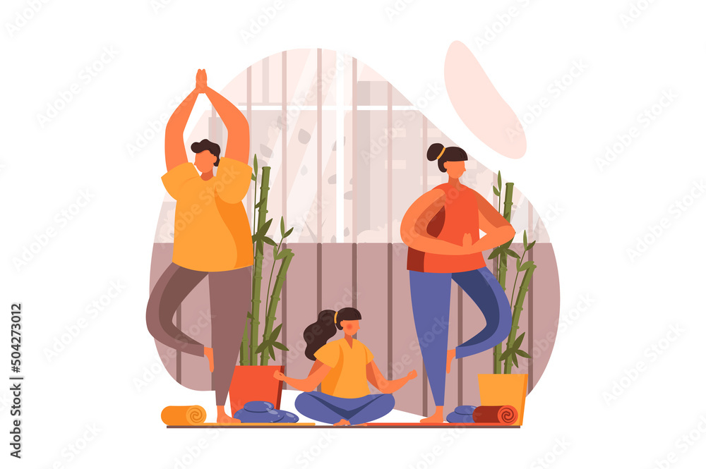 Healthy families web concept in flat design. Happy father, mother and daughter doing yoga asanas and meditation. Parents and child training together at home. Vector illustration with people scene - obrazy, fototapety, plakaty 