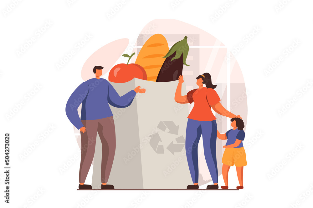 Healthy families web concept in flat design. Happy father, mother and daughter making purchases at supermarket. Parents and child buying food in grocery store. Vector illustration with people scene