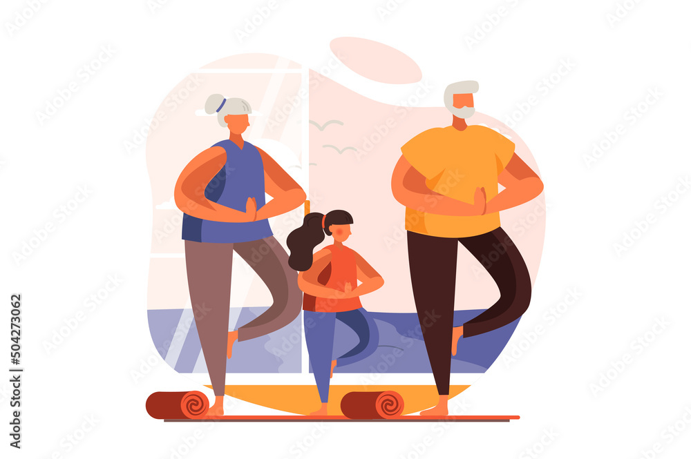 Healthy families web concept in flat design. Happy grandfather, grandmother and granddaughter doing yoga asanas. Grandparents and child training together. Vector illustration with people scene - obrazy, fototapety, plakaty 