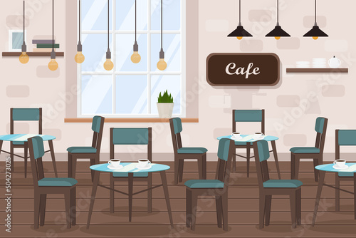 cafe interior with tables, coffee machine, window and bar counter