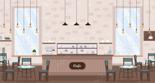 cafe interior with tables, coffee machine, window and bar counter