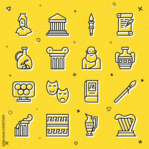 Set line Harp, Medieval spear, Ancient amphorae, Torch flame, column, Bottle of olive oil, bust sculpture and Socrates icon. Vector