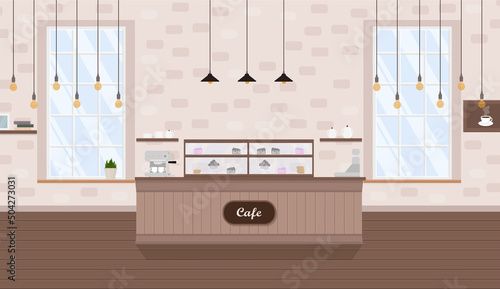 cafe interior with coffee machine, window and bar counter