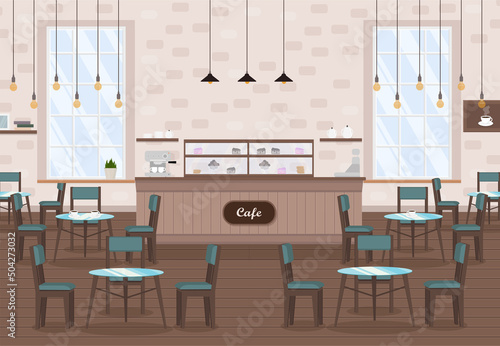 cafe interior with tables, coffee machine, window and bar counter