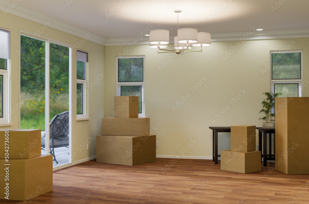 Several Cardboard Moving Boxes, Chair and Plant on Floor of Empty Room of House with Blank Wall. Several Cardboard Moving Boxes, Chair and Plant on Floor of Empty Room of House with Blank Wall.