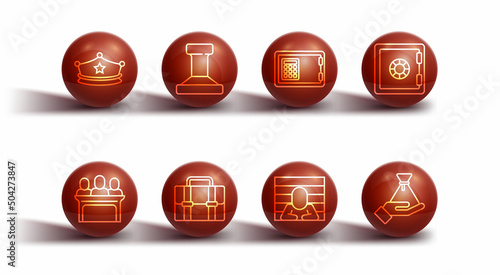 Set line Police cap with cockade, Jurors, Safe, Prisoner, Briefcase, Stamp, Bribe money bag and icon. Vector