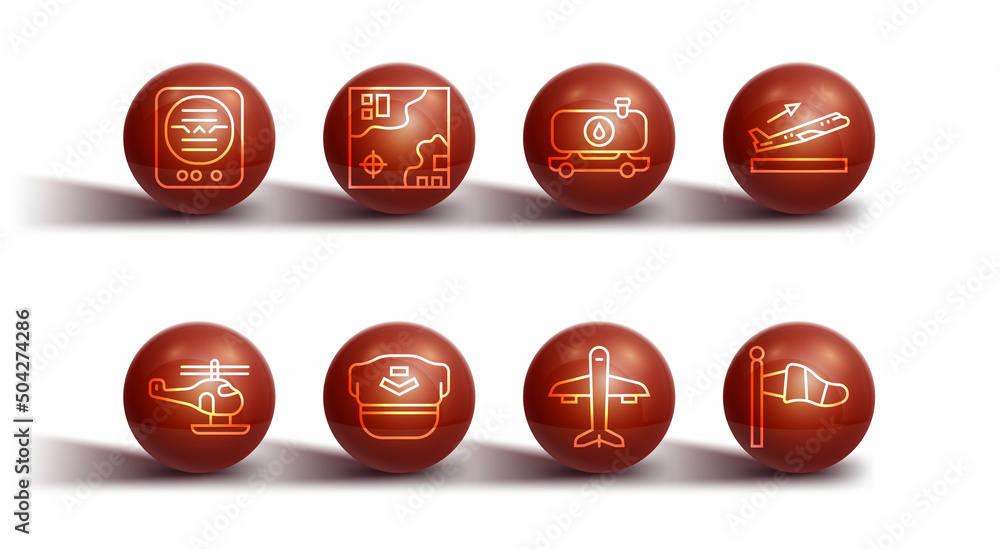 Set line Attitude indicator, Helicopter, Plane takeoff, Pilot hat, World travel map, Cone meteorology windsock and Fuel tanker truck icon. Vector Set line Attitude indicator, Helicopter, Plane takeoff, Pilot hat, World travel map, Cone meteorology windsock and Fuel tanker truck icon. Vector