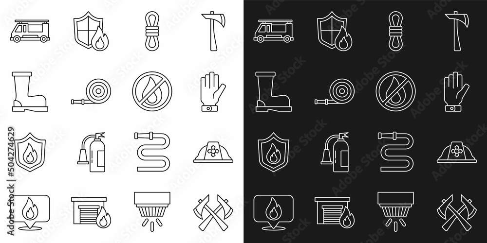 Set line Firefighter axe, helmet, gloves, Climber rope, hose reel, boots, truck and No fire icon. Vector Set line Firefighter axe, helmet, gloves, Climber rope, hose reel, boots, truck and No fire icon. Vector