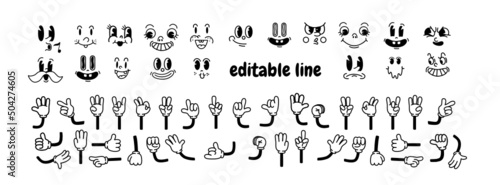 Vintage cartoon hands in gloves and faces. Cute animation character body parts. Comics arm gestures . Different movements and positions! vector set.