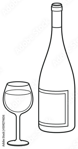 Bottle of alcohol with a drink in a wineglass. A glass of wine outline illustration
