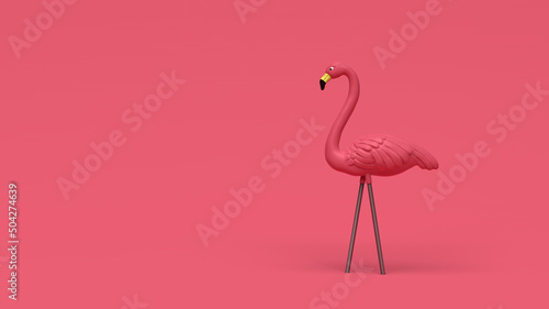 3D Illustration of Single Plastic Pink Flamingo Tropical Yard Ornament Isolated on Pink Background photo