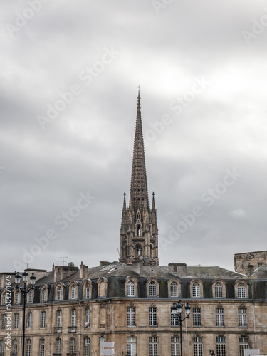 Panorama of the old town of Bordeaux, France, with the the tower of the Basilique Saint Michel basilica a cloudy afternoon in winter. it is a gothic catholic cathedral basilica.....