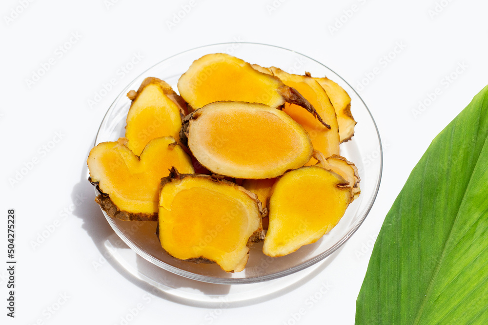 Phlai slices, Cassumumr ginger or zingiber montanum on white background. Phlai slices, Cassumumr ginger or zingiber montanum on white background.