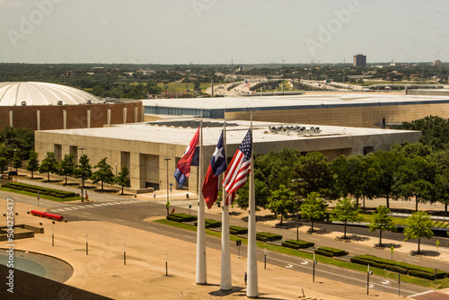 Dallas city view American flag Texas flag