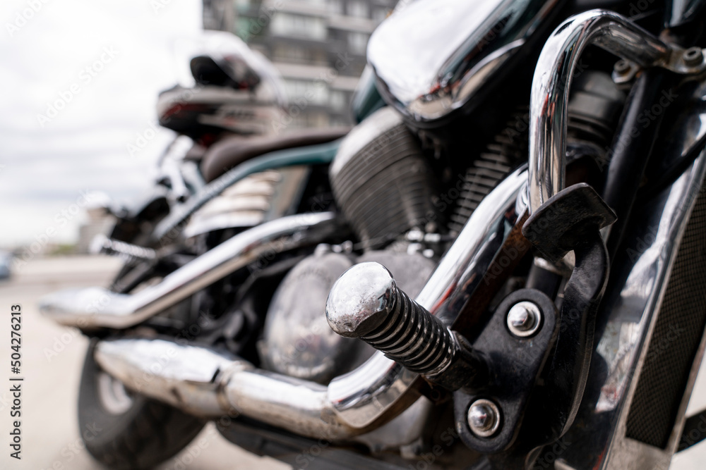 Motorcycle shiny metal pipes and engines Motorcycle shiny metal pipes and engines