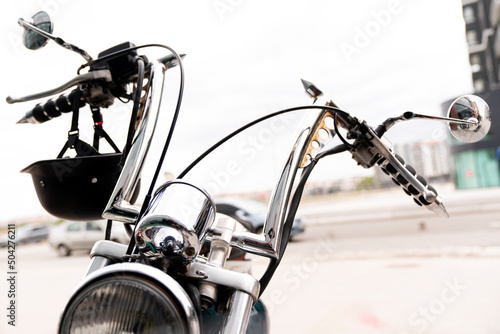 Motorcycle shiny metal pipes and engines