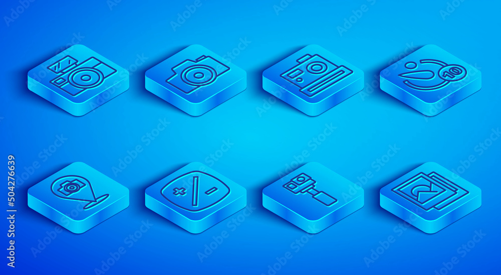 Obraz premium Set line Photo camera with flash, Exposure compensation, Action, Camera timer, and frame icon. Vector