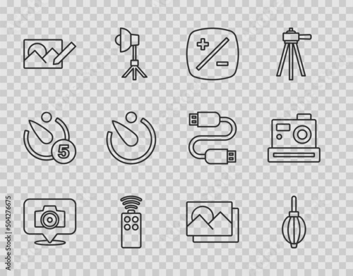 Set line Photo camera, Dust blower, Exposure compensation, Remote control for, retouching, Camera timer, frame and icon. Vector