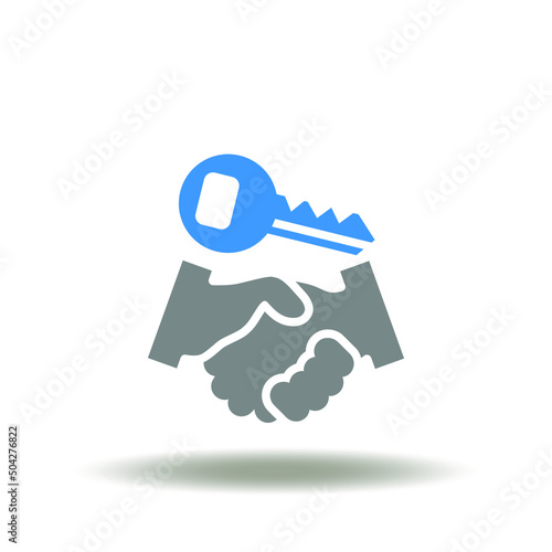 Vector illustration of handshake with key. Icon of deal real estate. Symbol of house property, ownership.