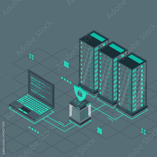 Technology isometric design for quantum computer. Blockchain server concept. Server room. Storage database. Vector illustration
