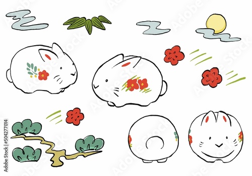 松竹梅と張り子うさぎの手描き和風年賀状素材 ベクター