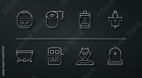 Set line Pumpkin basket for sweets, Halloween witch cauldron, Scarecrow, Krampus, heck, Chocolate bar, Toilet paper roll, Tombstone with RIP written and Camping lantern icon. Vector