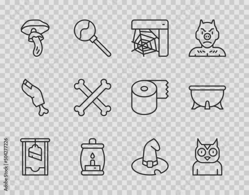 Set line Guillotine, Owl bird, Spider web, Camping lantern, Psilocybin mushroom, Crossed bones, Witch hat and Halloween witch cauldron icon. Vector