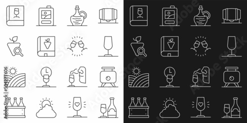 Set line Wine bottle with glass, Fermentation of grapes, italian fiasco, Book about, Grapes, wine and tasting, degustation icon. Vector