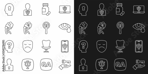 Set line Solution to the problem, Psychologist online, Tear cry eye, Sedative pills, Broken heart or divorce, Head with, and icon. Vector