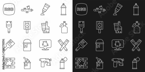 Set line Paint spray can, brush, gun, Tube with paint palette, Spray nozzle cap, RGB and and icon. Vector