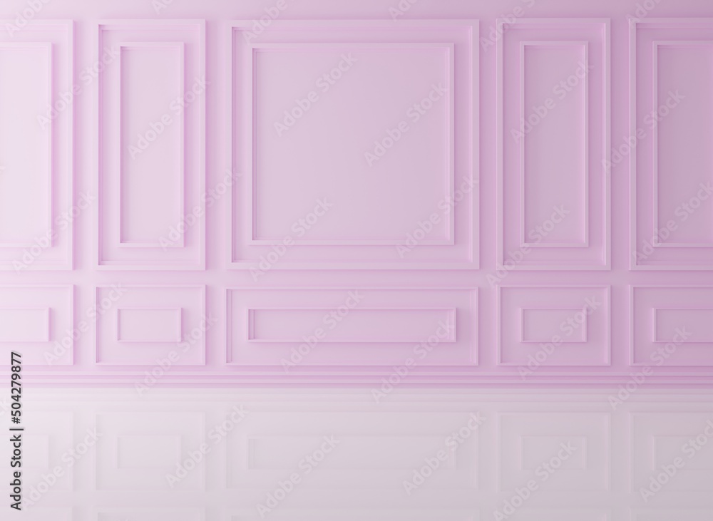 Classic pastel pink wall, empty interior with wall panels and a light, reflective floor. Modern minimalist interior with panels on the wall. 3D render, 3D illustration. Classic pastel pink wall, empty interior with wall panels and a light, reflective floor. Modern minimalist interior with panels on the wall. 3D render, 3D illustration.