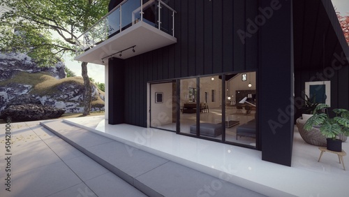 Fototapeta Naklejka Na Ścianę i Meble -  home entrance with concrete terrace 3d illustration