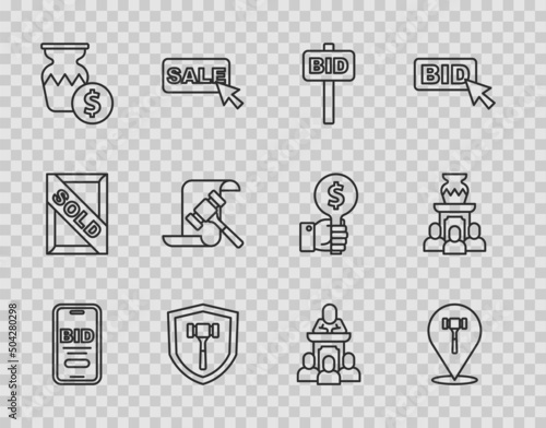 Set line Online auction, Auction hammer, Hand holding paddle, ancient vase, auctioneer sells and icon. Vector