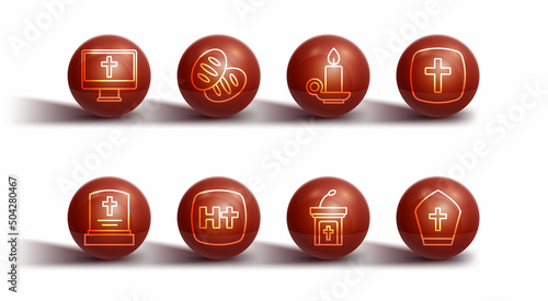 Set line Christian cross on monitor, Grave with tombstone, Church sermon tribune, bread, Pope hat and Burning candle in candlestick icon. Vector