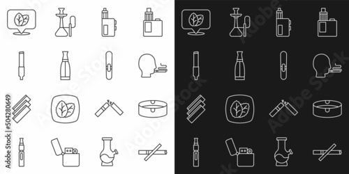 Set line No smoking, Ashtray, Man cigarette, Vape mod device, liquid bottle, Cigarette, Tobacco leaf and icon. Vector