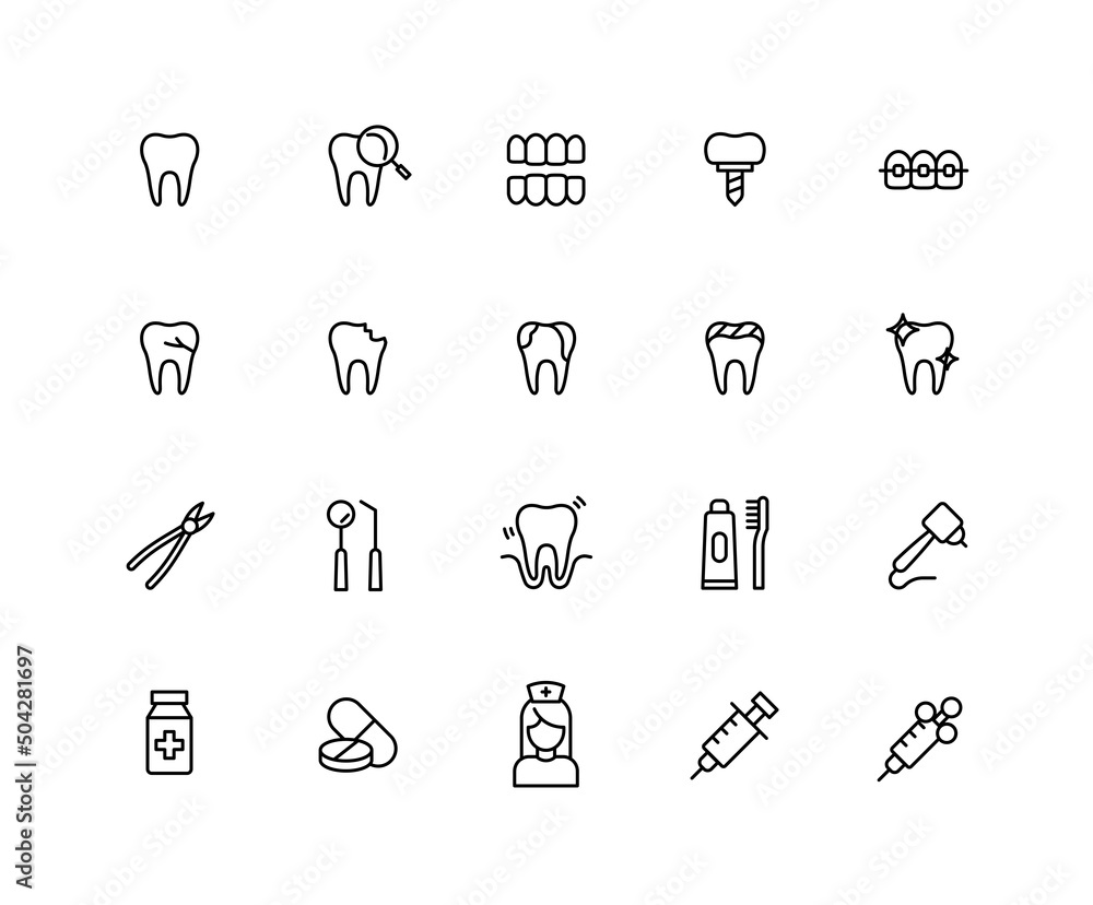 Collection of dental clinic linear icons. Set of Implants, teeth, tooth, orthodontic symbols drawn with thin contour lines. Vector illustration Collection of dental clinic linear icons. Set of Implants, teeth, tooth, orthodontic symbols drawn with thin contour lines. Vector illustration